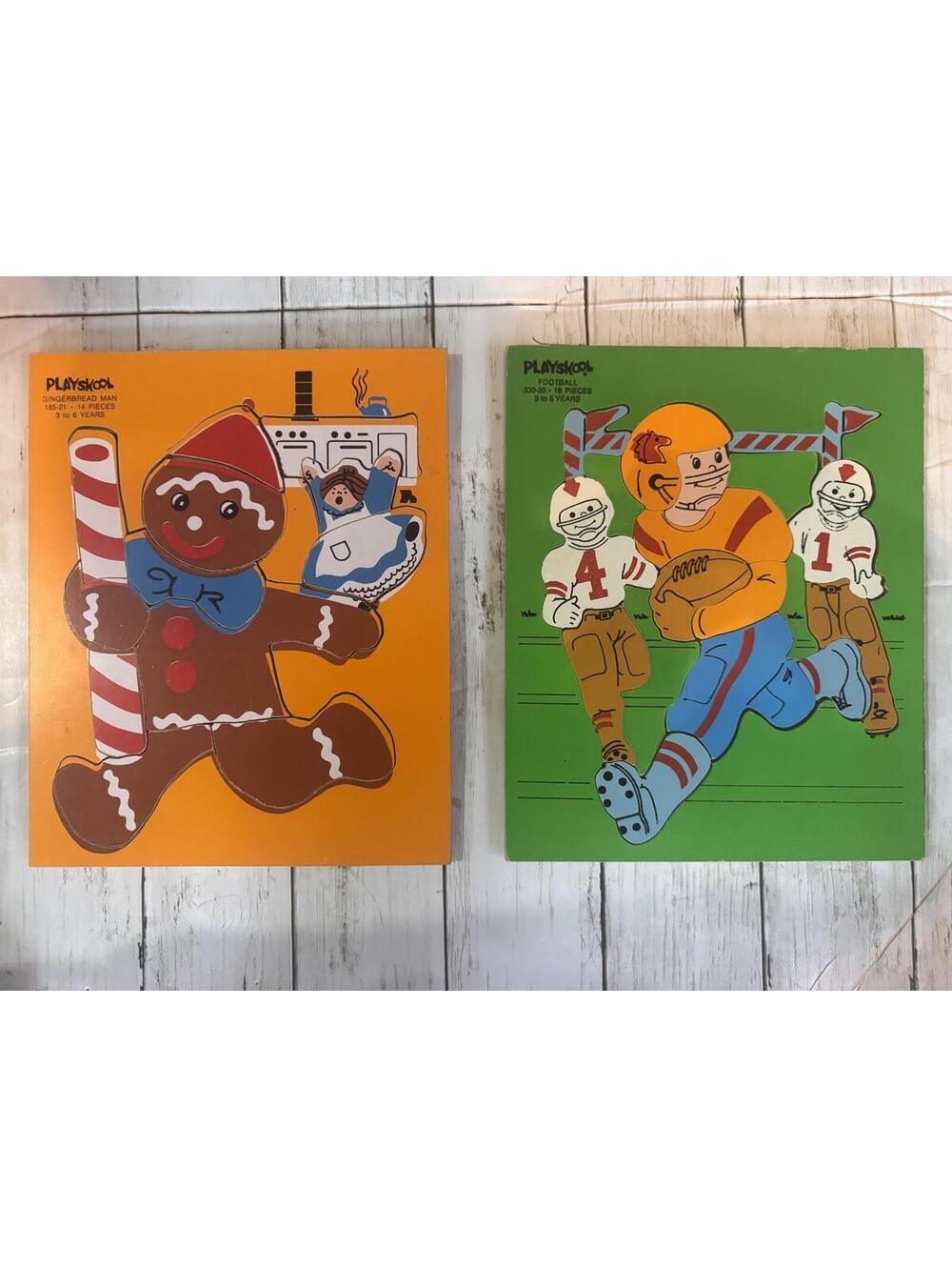 Vintage Playskool Wooden Puzzles Football & Gingerbread Man Complete